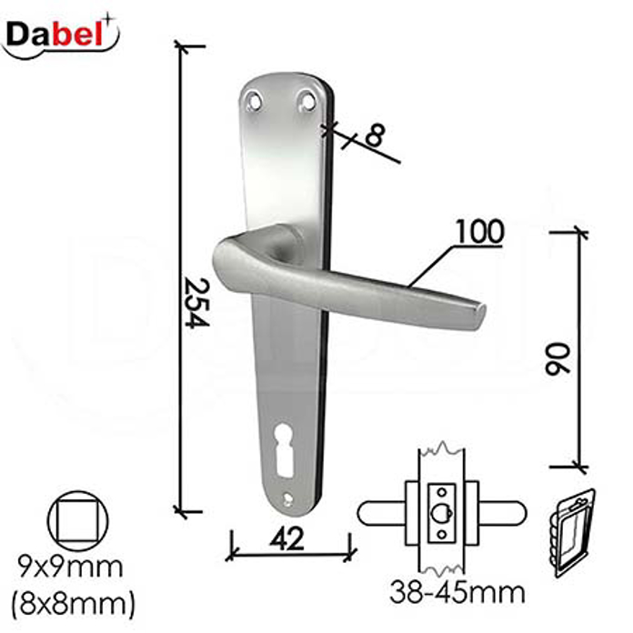 Slika Kvaka štit za vrata DABEL DOLČE-S F1 srebrna 90/42/254/8/100/9 mm ključ 0101025